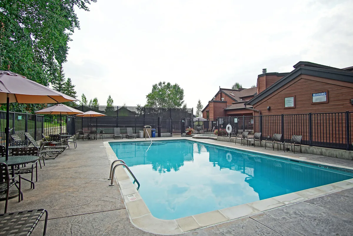 An inviting outdoor pool area surrounded by lounge chairs and umbrellas, bordered by lush trees. The scene features a large swimming pool with ample space for guests to relax, swim, and socialize. The area is sunlit, with a casual atmosphere ideal for group gatherings.